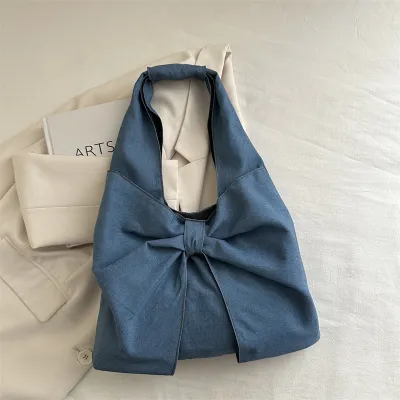 Women Fashion Simple Denim Bowknot Shoulder Tote Bag