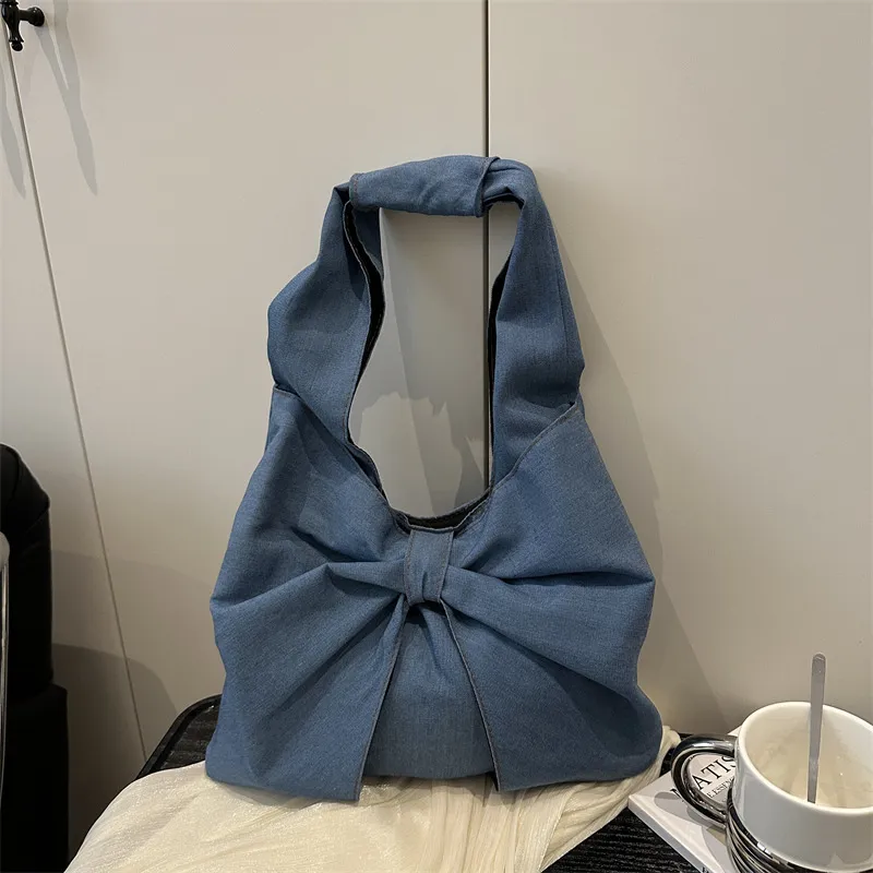 Women Fashion Simple Denim Bowknot Shoulder Tote Bag