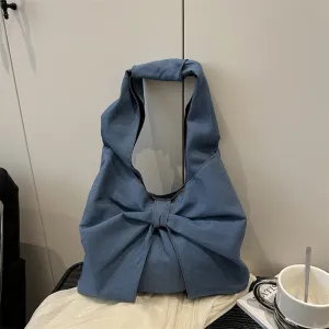 Women Fashion Simple Denim Bowknot Shoulder Tote Bag