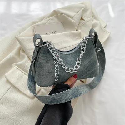 Women Fashion Casual PU Denim Chain Shoulder Bag with Zipper Closure
