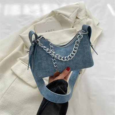 Women Fashion Casual PU Denim Chain Shoulder Bag with Zipper Closure