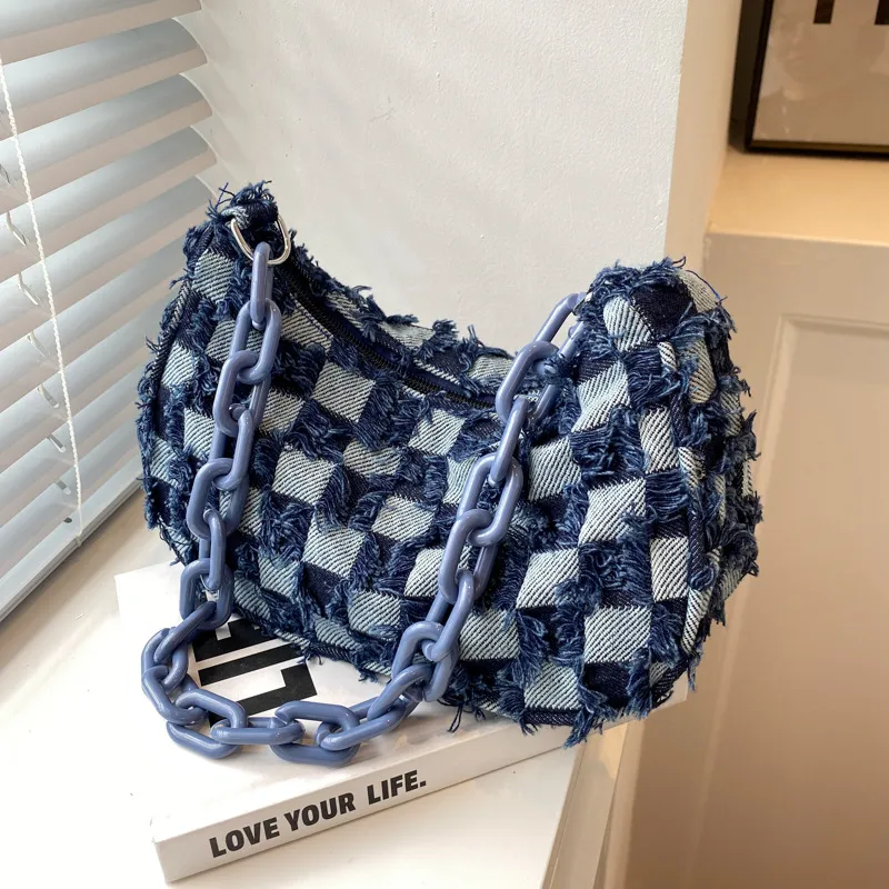 Women Fashion Casual Denim Canvas Chain Checkerboard Shoulder Bag