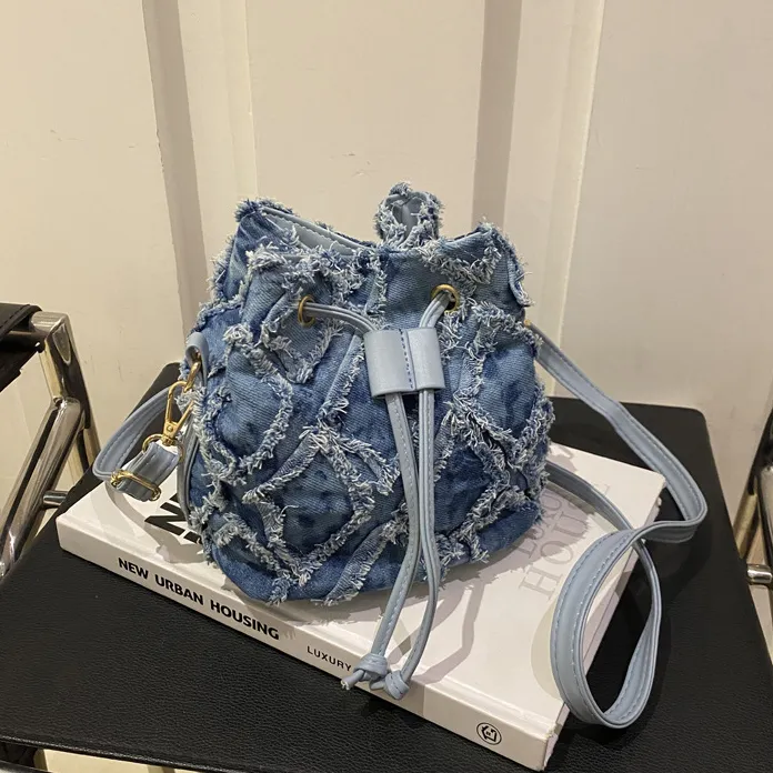 Women Fashion Casual Tie-Dye Denim Bucket Crossbody Bag