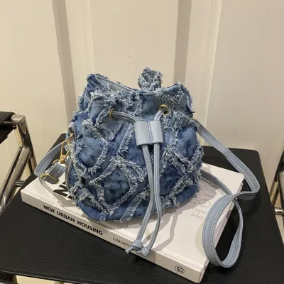 Women Fashion Casual Tie-Dye Denim Bucket Crossbody Bag