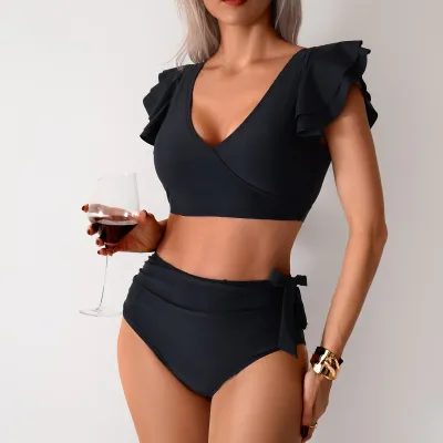 Women Fashion Sexy Color Block Ruffled Sleeve Bright Bikini Swimsuit