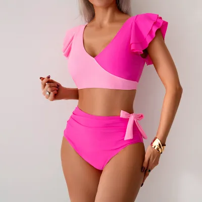 Women Fashion Sexy Color Block Ruffled Sleeve Bright Bikini Swimsuit