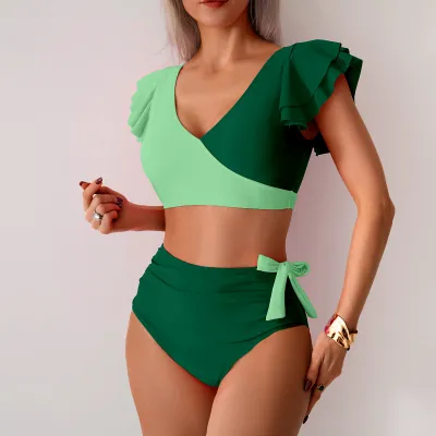 Women Fashion Sexy Color Block Ruffled Sleeve Bright Bikini Swimsuit