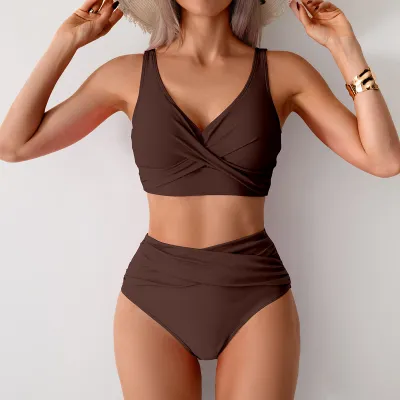 Women Simple Solid Color Pleated Bright Bikini Swimsuit