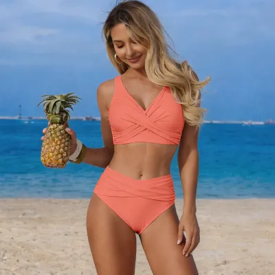 Women Simple Solid Color Pleated Bright Bikini Swimsuit