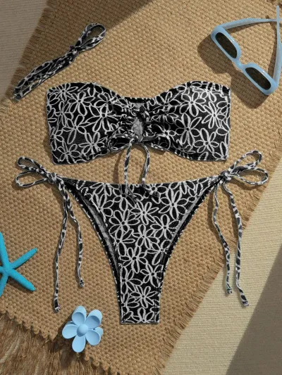 Women Fashion Sexy Printed Lace-Up Bikini Swimsuit