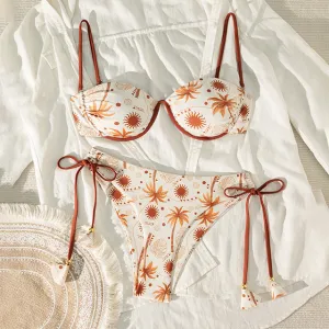Women Fashion Sexy Print Lace-Up Bikini Swimsuit