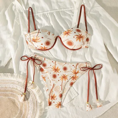 Women Fashion Sexy Print Lace-Up Bikini Swimsuit