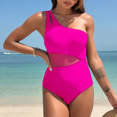 Women Fashion Sexy Solid Color One-Shoulder One Piece Swimsuit