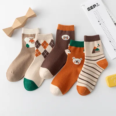 Kids Boys' Cartoon Bear Cotton Mid-Calf Socks 5-Pair Set