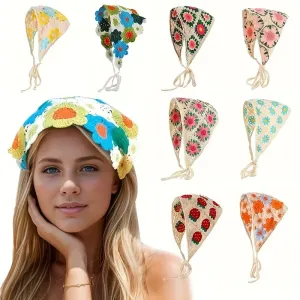 Women Fashion Boho Style Crochet Flower Tie-Knotted Satin Hair Band