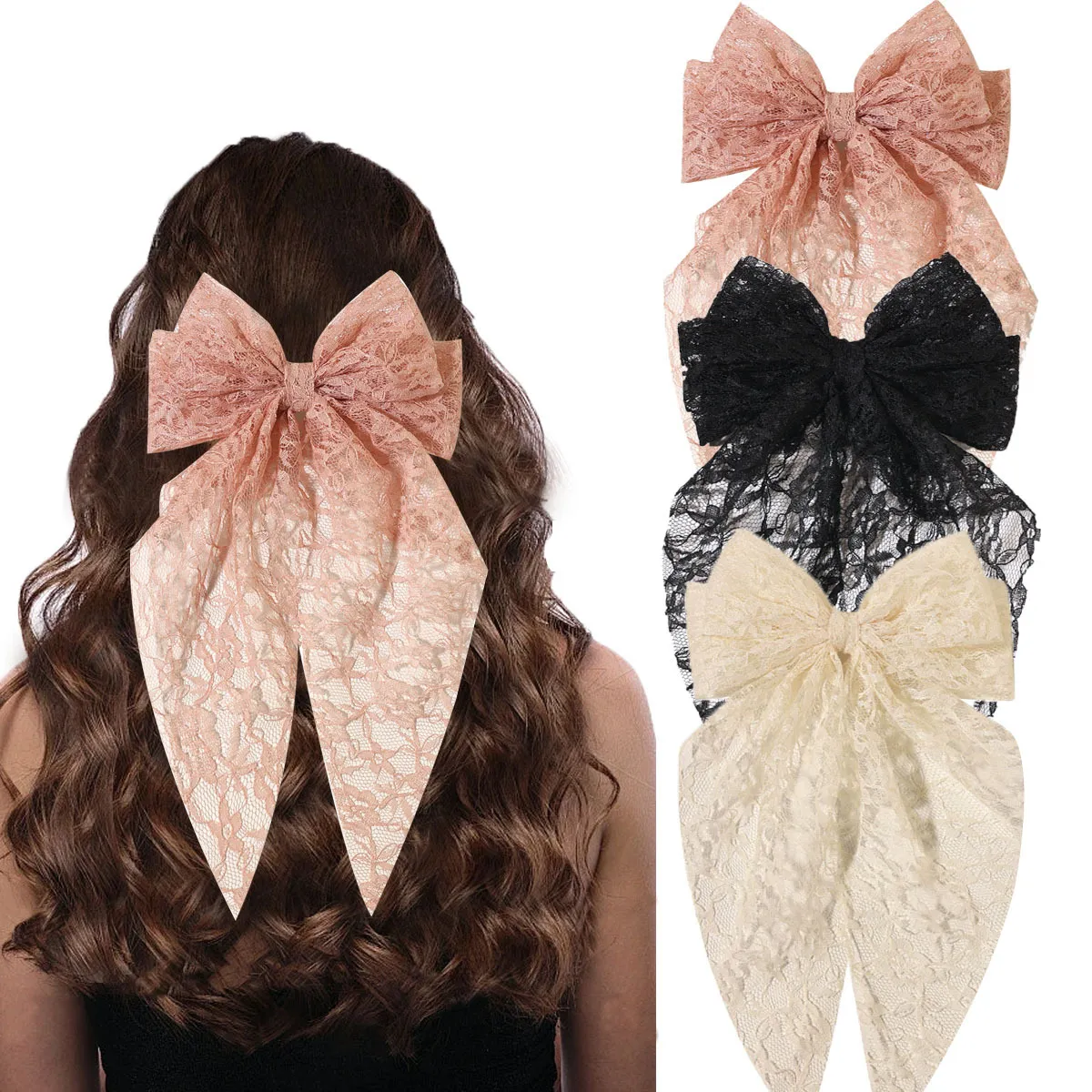 Women Fashion Elegant Solid Color Lace Double Layer Long Ribbon Bowknot Spring Clip