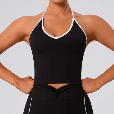 Women Sexy Halter-Neck Sports Yoga Vest with Color Contrast White Line