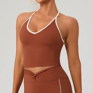 Women Sexy Halter-Neck Sports Yoga Vest with Color Contrast White Line