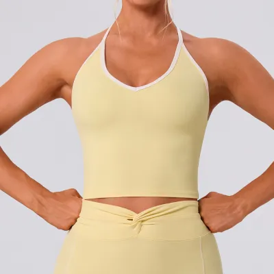 Women Sexy Halter-Neck Sports Yoga Vest with Color Contrast White Line