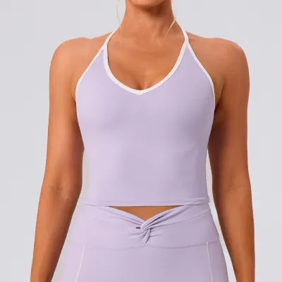 Women Sexy Halter-Neck Sports Yoga Vest with Color Contrast White Line