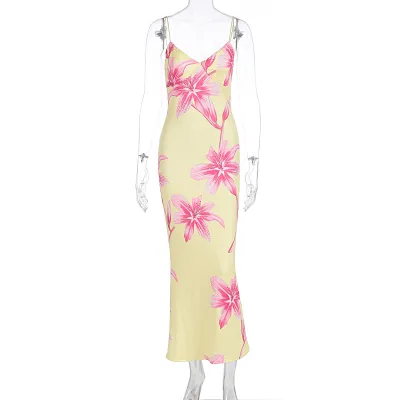 Women Sexy Backless Spaghetti Strap V-Neck Flower Printed Dress