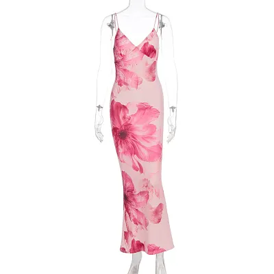 Women Sexy Backless Spaghetti Strap V-Neck Flower Printed Dress