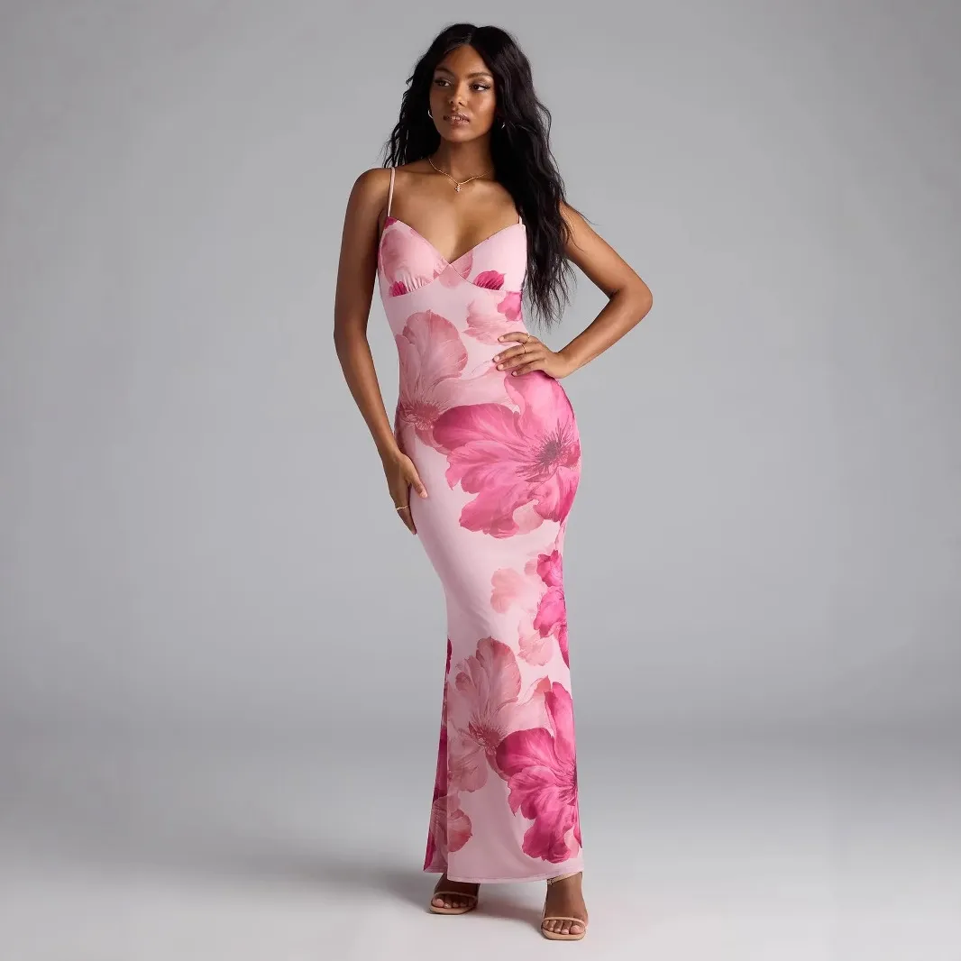 Women Sexy Backless Spaghetti Strap V-Neck Flower Printed Dress