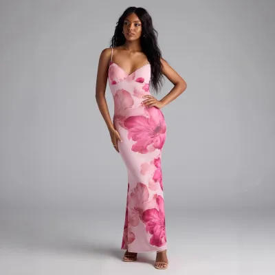 Women Sexy Backless Spaghetti Strap V-Neck Flower Printed Dress