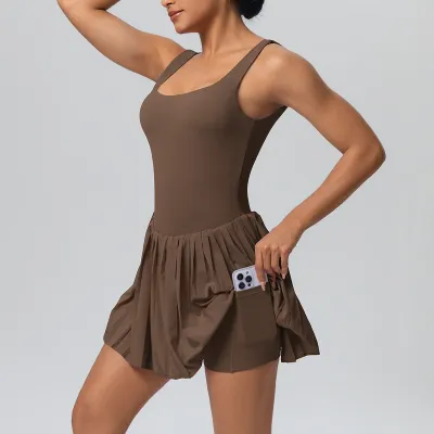 Women's Casual Solid Color Sleeveless Backless Pleated Tennis Dress with Pockets