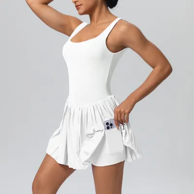 Women's Casual Solid Color Sleeveless Backless Pleated Tennis Dress with Pockets