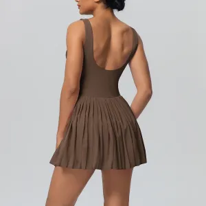 Women's Casual Solid Color Sleeveless Backless Pleated Tennis Dress with Pockets