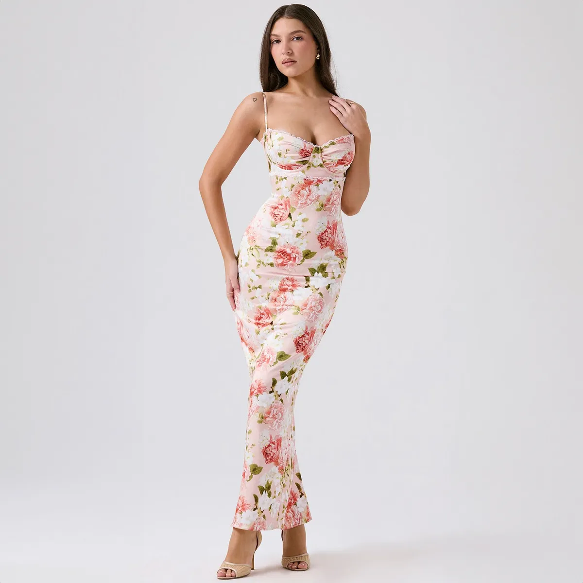 Women Fashion Sexy Floral Printed Spaghetti Straps Slim-Fit Split Maxi Dress