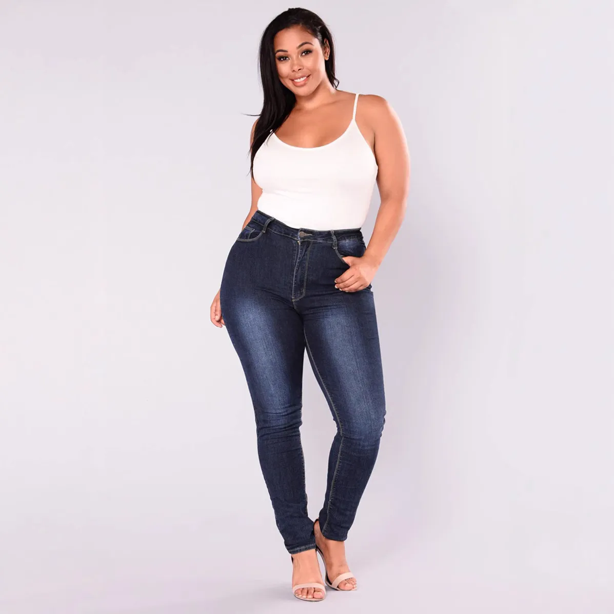 Women Plus Size Fashionable High Waist Stretch Skinny Jeans