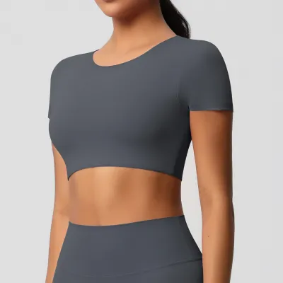 Women's Casual Solid Color Short-Sleeve Breathable Tight Sports Crop Top