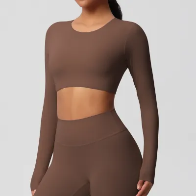 Women Casual Solid Color Long-Sleeve Breathable Tight Sports Crop Top