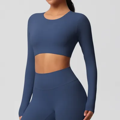 Women Casual Solid Color Long-Sleeve Breathable Tight Sports Crop Top