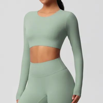 Women Casual Solid Color Long-Sleeve Breathable Tight Sports Crop Top