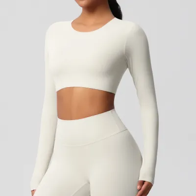 Women Casual Solid Color Long-Sleeve Breathable Tight Sports Crop Top