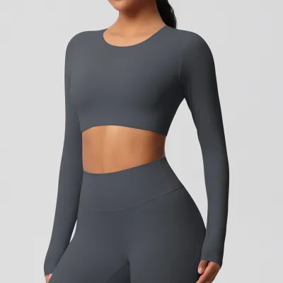 Women Casual Solid Color Long-Sleeve Breathable Tight Sports Crop Top