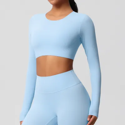 Women Casual Solid Color Long-Sleeve Breathable Tight Sports Crop Top