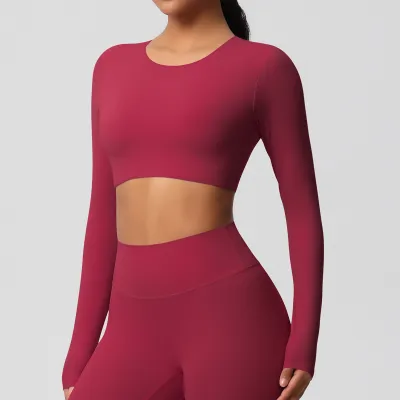 Women Casual Solid Color Long-Sleeve Breathable Tight Sports Crop Top