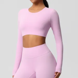 Women Casual Solid Color Long-Sleeve Breathable Tight Sports Crop Top