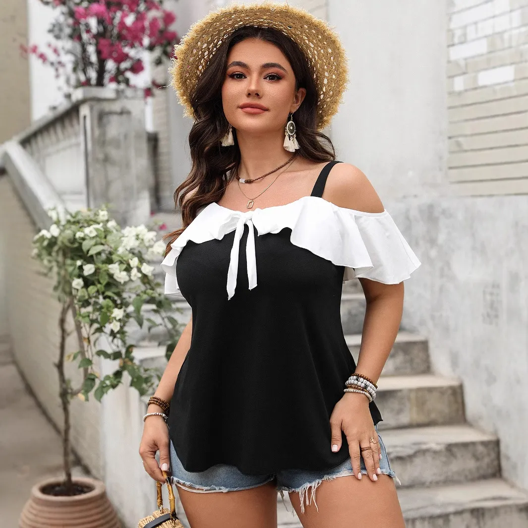 Women Fashion Sexy Plus Size Color Block Stitching Ruffle Off-Shoulder Short Sleeve T-Shirt