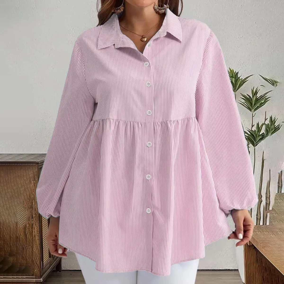 Women Plus Size Casual Stripe Lapel Long Sleeve Loose Blouse