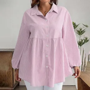 Women Plus Size Casual Stripe Lapel Long Sleeve Loose Blouse