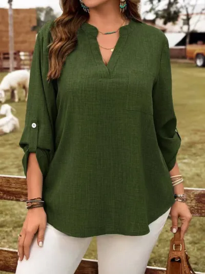 Women Fashion Elegant Plus Size Solid Color V-Neck Button Long-Sleeve Loose Blouse