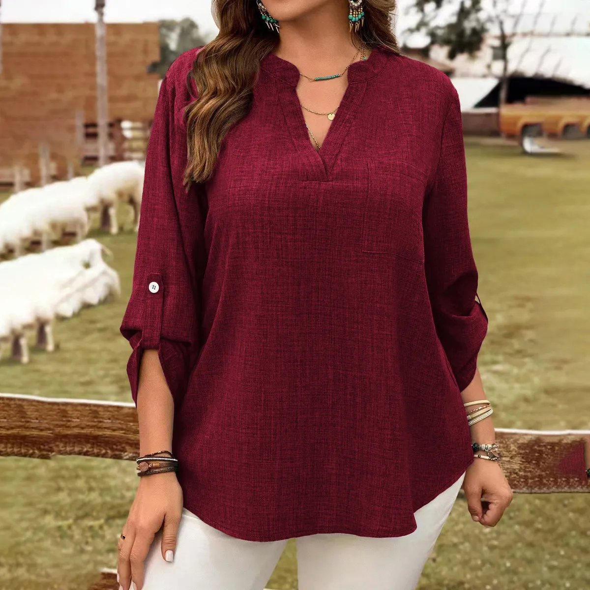 Women Fashion Elegant Plus Size Solid Color V-Neck Button Long-Sleeve Loose Blouse