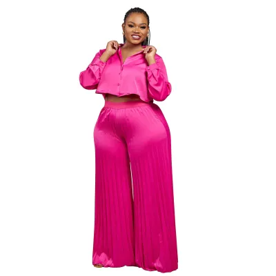 Women Fashion Casual Plus Size Solid Color Lapel Long-Sleeve Blouse Wide Leg Pleated Pants Two-Piece Set