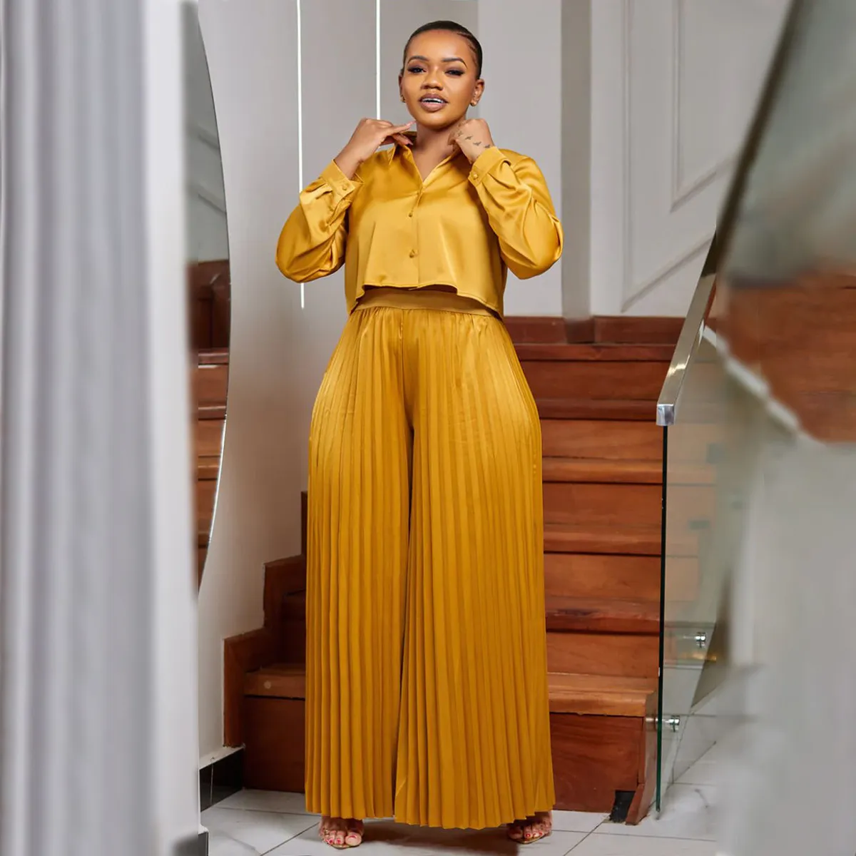 Women Fashion Casual Plus Size Solid Color Lapel Long-Sleeve Blouse Wide Leg Pleated Pants Two-Piece Set