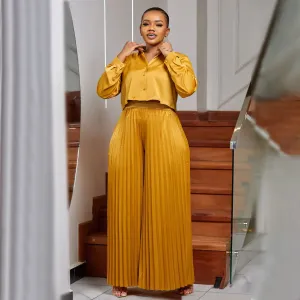Women Fashion Casual Plus Size Solid Color Lapel Long-Sleeve Blouse Wide Leg Pleated Pants Two-Piece Set